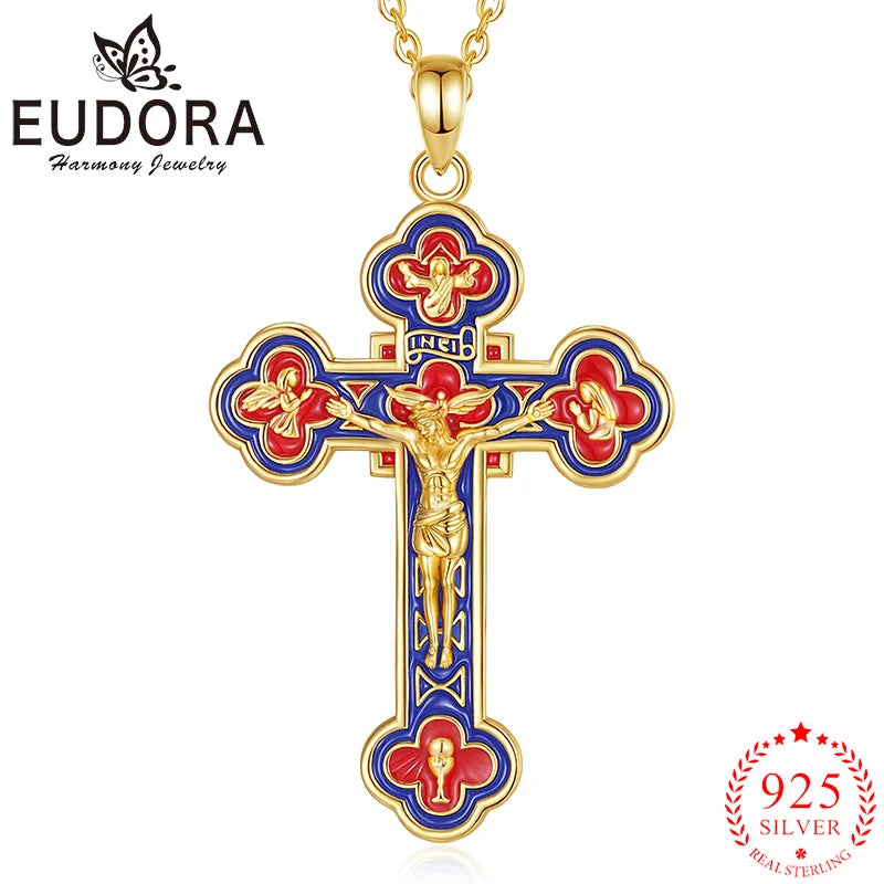 Eudora 925 Sterling Silver Jesus Crucifix Cross Necklace 18K Gold Angel Prayer Amulet Christian Pendant Exquisite Enamel Jewelry