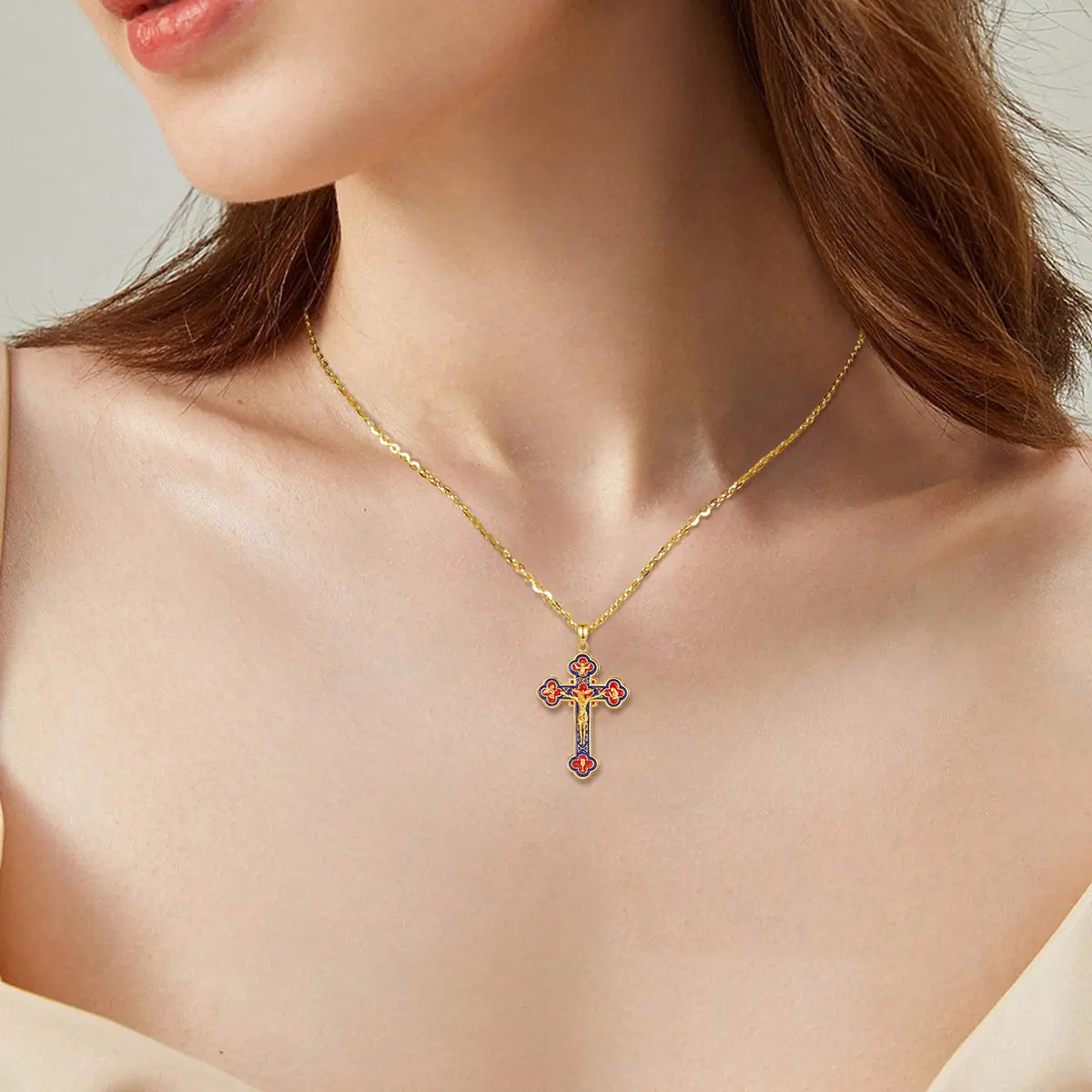Eudora 925 Sterling Silver Jesus Crucifix Cross Necklace 18K Gold Angel Prayer Amulet Christian Pendant Exquisite Enamel Jewelry